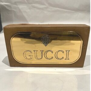 Rare Vintage Gucci Dealer Counter Logo Display Brass Plaque Leather Base 70s-80s